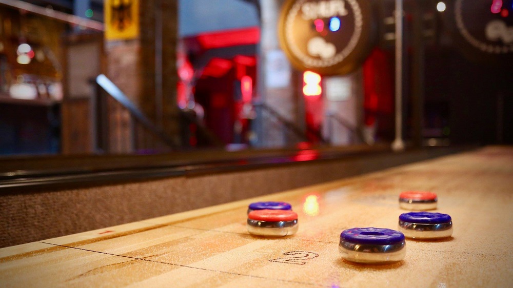 Artistic shot of the shuffleboard table at Einstein Bier Haus in Liverpool
