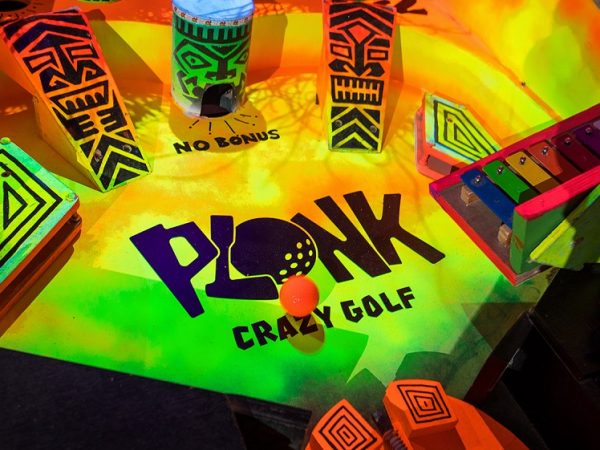 Vibrant golf hole at Plonk Crazy golf in Camden
