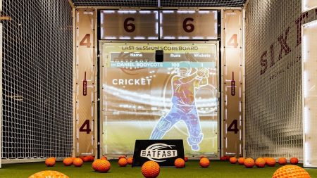 A batting cage with video screen at Sixes Cricket