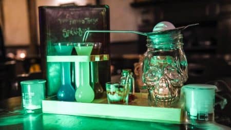 Spooky skull and potions at Department of Magic