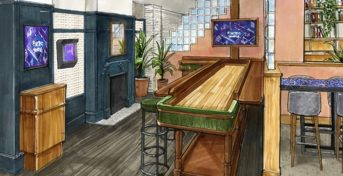 An illustration of a shuffleboard table booth at Electric Shuffle Leeds